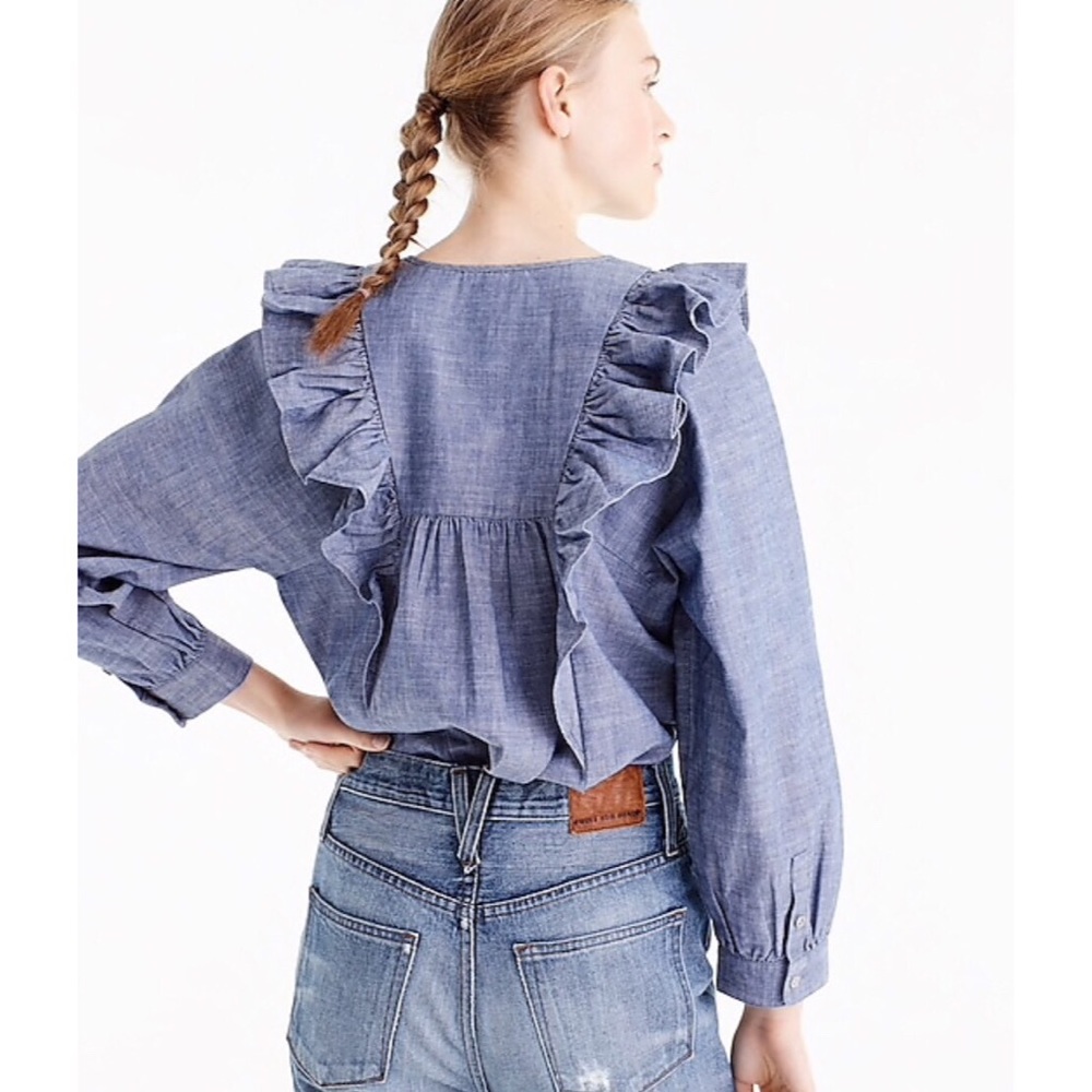 NWT J crew blue ruffle front chambray blouse shirt top - Picture 2 of 8